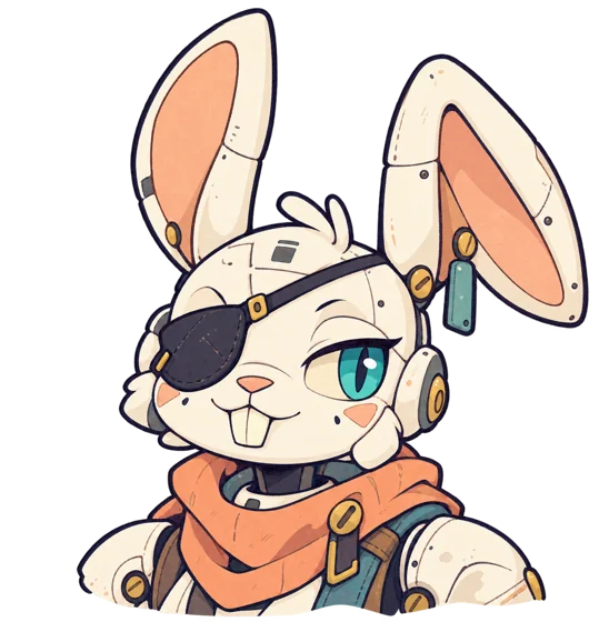 bunny.bot, a white robot rabbit with an eyepatch and an orange scarf.
