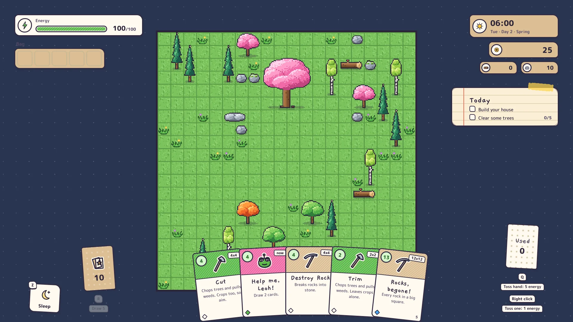 Utopia: a green farm grid with trees and rocks, and a hand of five paper cards at the bottom.