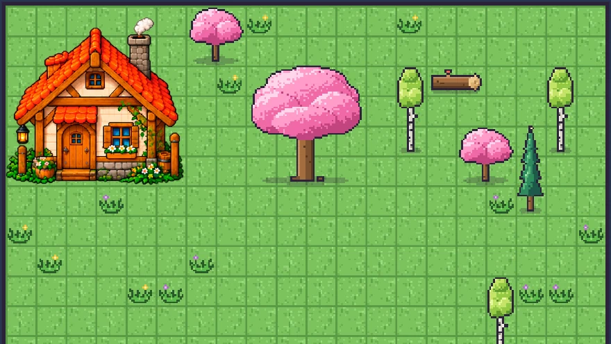 Your house on the farm: an orange-roofed cottage with a lantern, a chimney and flower boxes, next to a big pink tree.